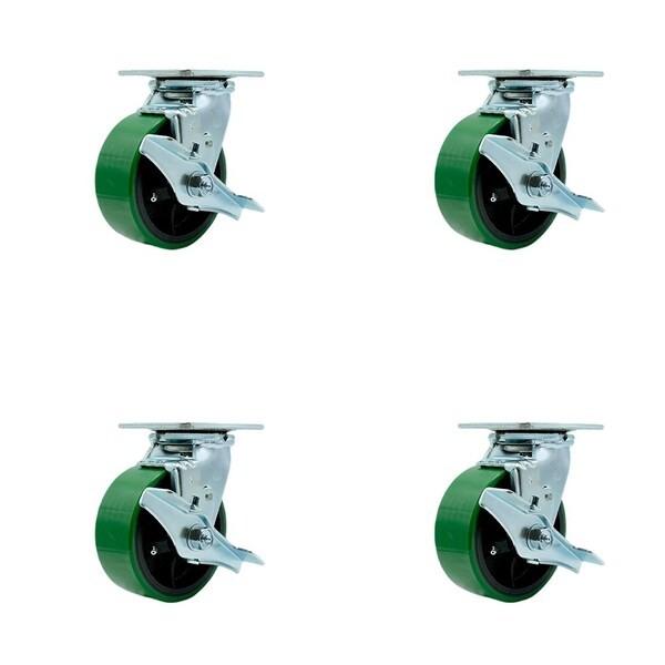 Tool Box Caster Wheel Set 5'' Green Poly on Cast Iron Swivel Casters, 4PK